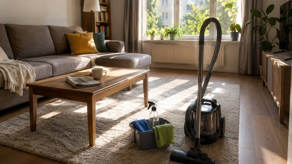 Umeblowany salon w mieszkaniu w Krakowie w trakcie sprzątania